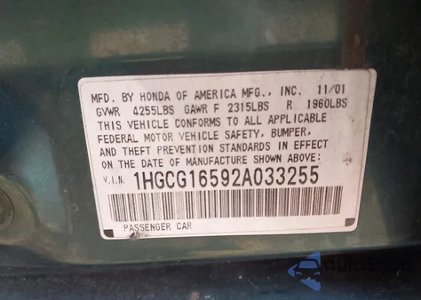 2002 Honda Accord 3.0 Ex from USA, damaged, VIN 1HGCG16592A033255